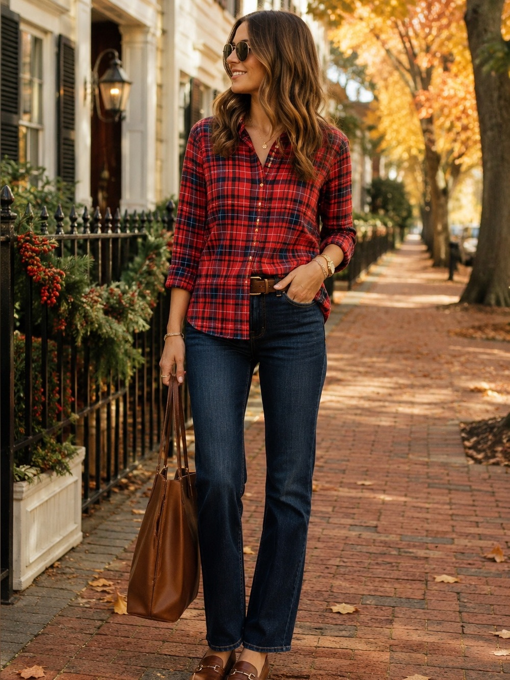 LOFT Red Navy Plaid Cotton Button Down Shirt Size Small Tartan Preppy